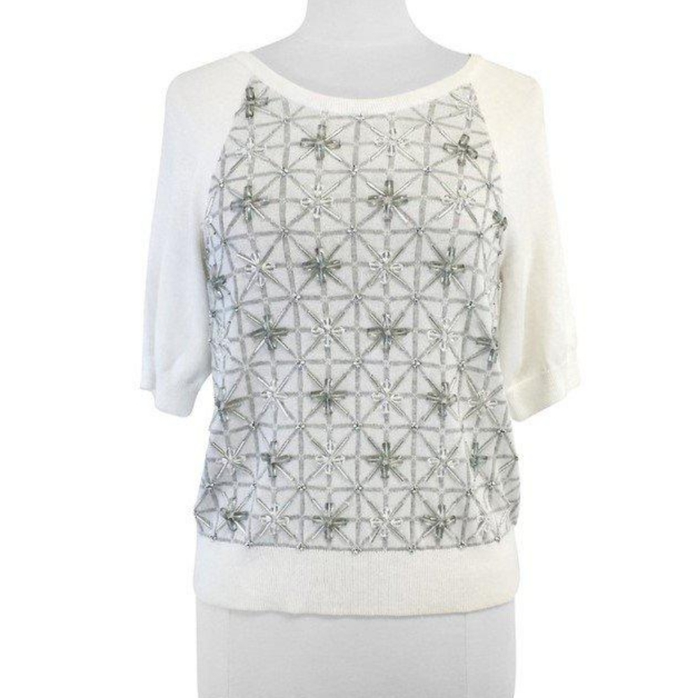 NWOT! Milly White Beaded Cotton-Blend Short Sleeve Sweater, Size L